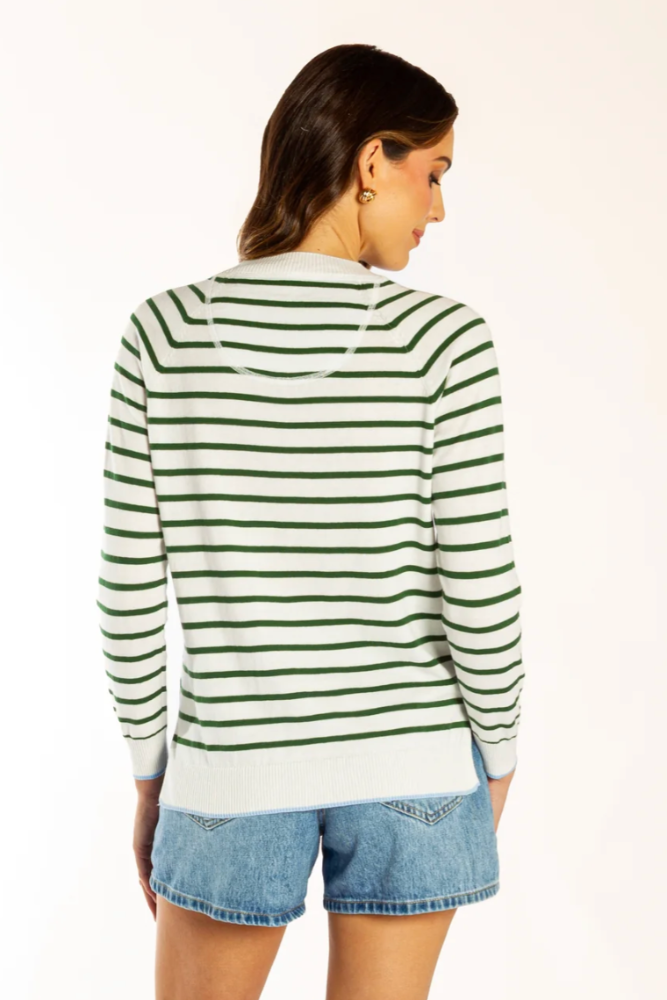 Bow & Arrow White : Green Cotton Cashmere Stripe Crew Neck1.png