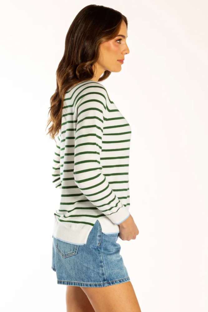 Bow & Arrow White : Green Cotton Cashmere Stripe Crew Neck2.png