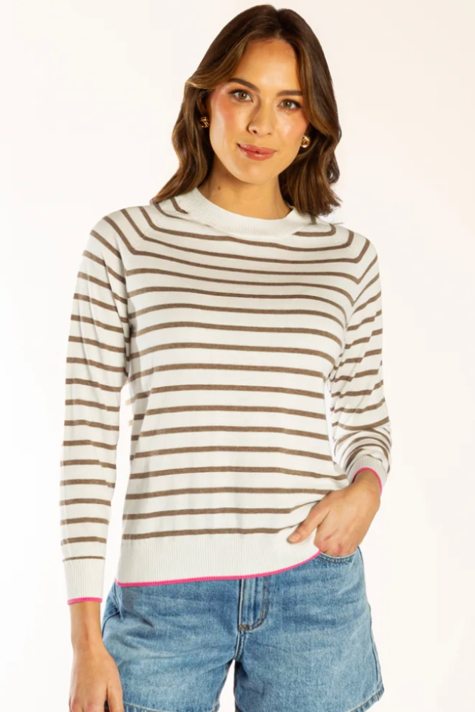 Bow & Arrow White : Brown Cotton Cashmere Stripe Crew Neck.png